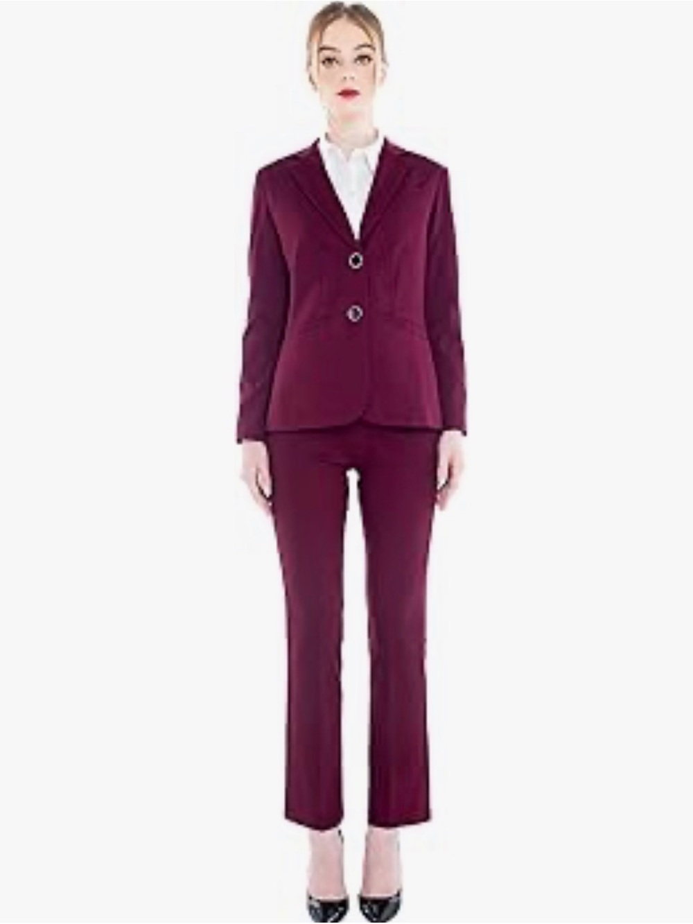 Women's Burgundy Pantsuit - Two-Button Blazer & Straight Leg Pants stretchy
